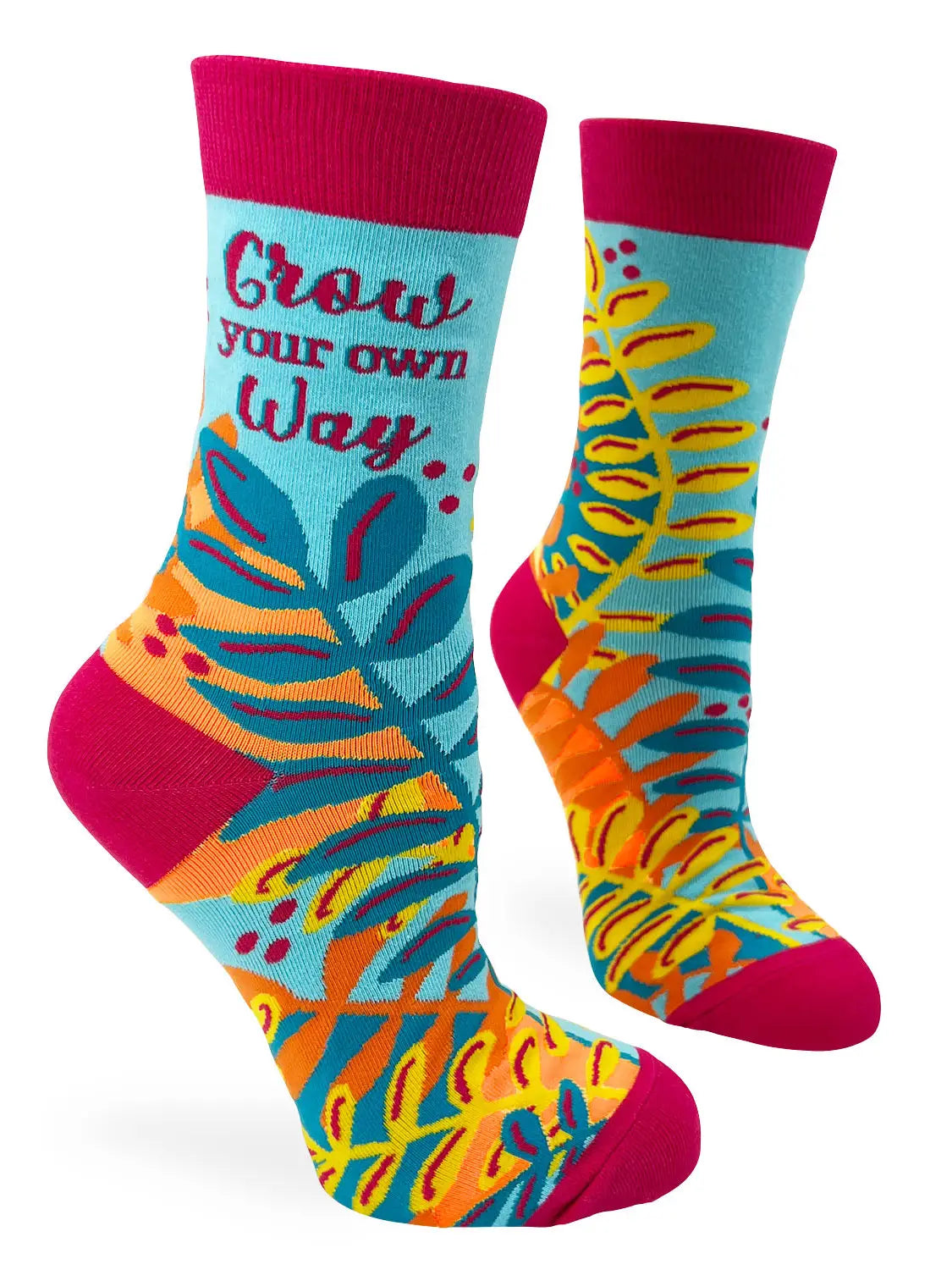 Colorful women's crew socks with "Grow Your Own Way" message and floral design, soft cotton blend.