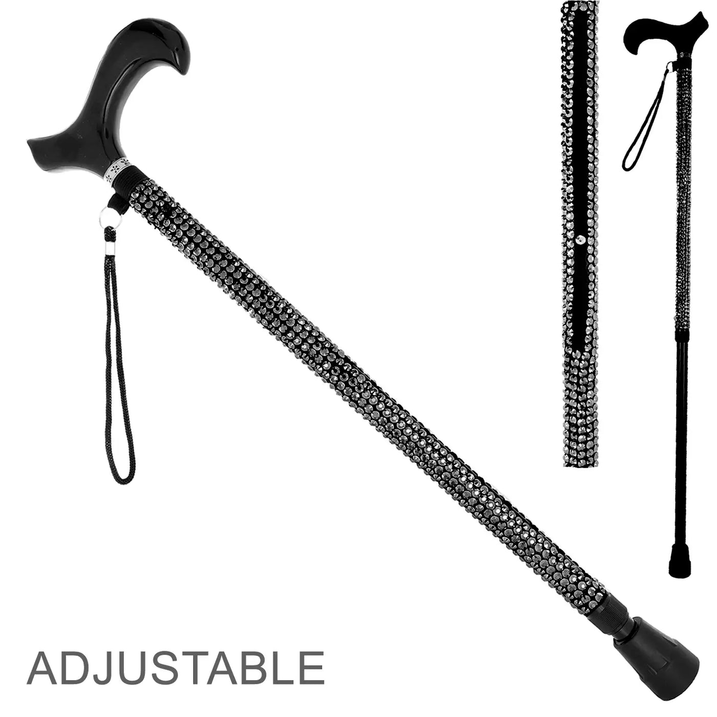 Adjustable black walking cane with sparkling rhinestone embellishments and ergonomic handle for stylish support and balance.