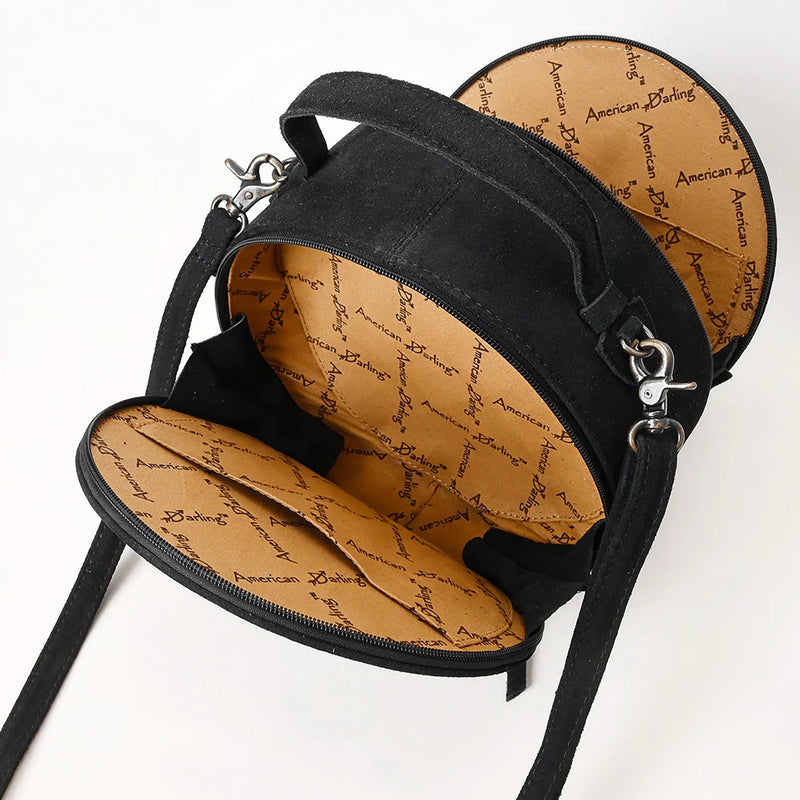 American Darling Canteen Bag ADBG1549D in genuine suede leather with adjustable strap and antique metal fittings.