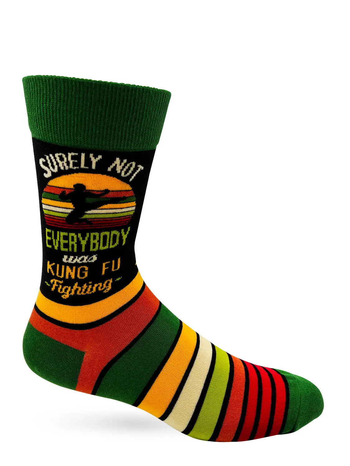 Men's novelty crew sock with "Surely Not Everybody Was Kung Fu Fighting" text and colorful striped design