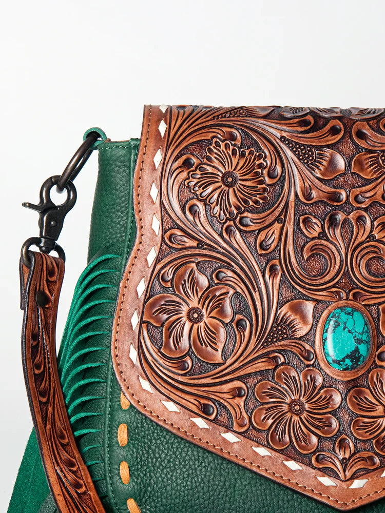 American Darling Crossbody Bag ADBGZ479 with hand-tooled leather, turquoise stone, and fringes.