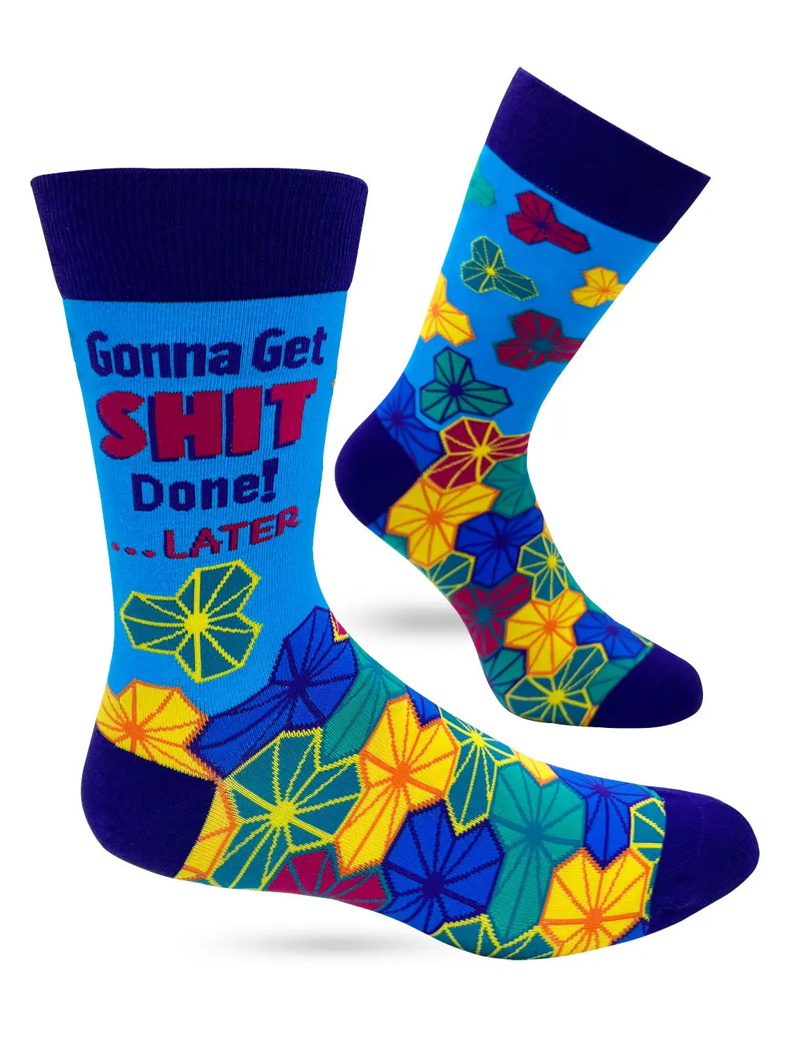 Men's novelty crew socks with bold "Gonna Get S*** Done... Later" text and colorful geometric floral pattern.