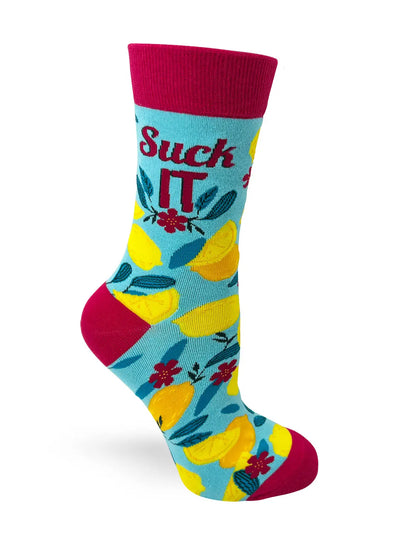 Women's novelty crew socks with "Suck It" text and lemon graphics in blue, red, and yellow colors