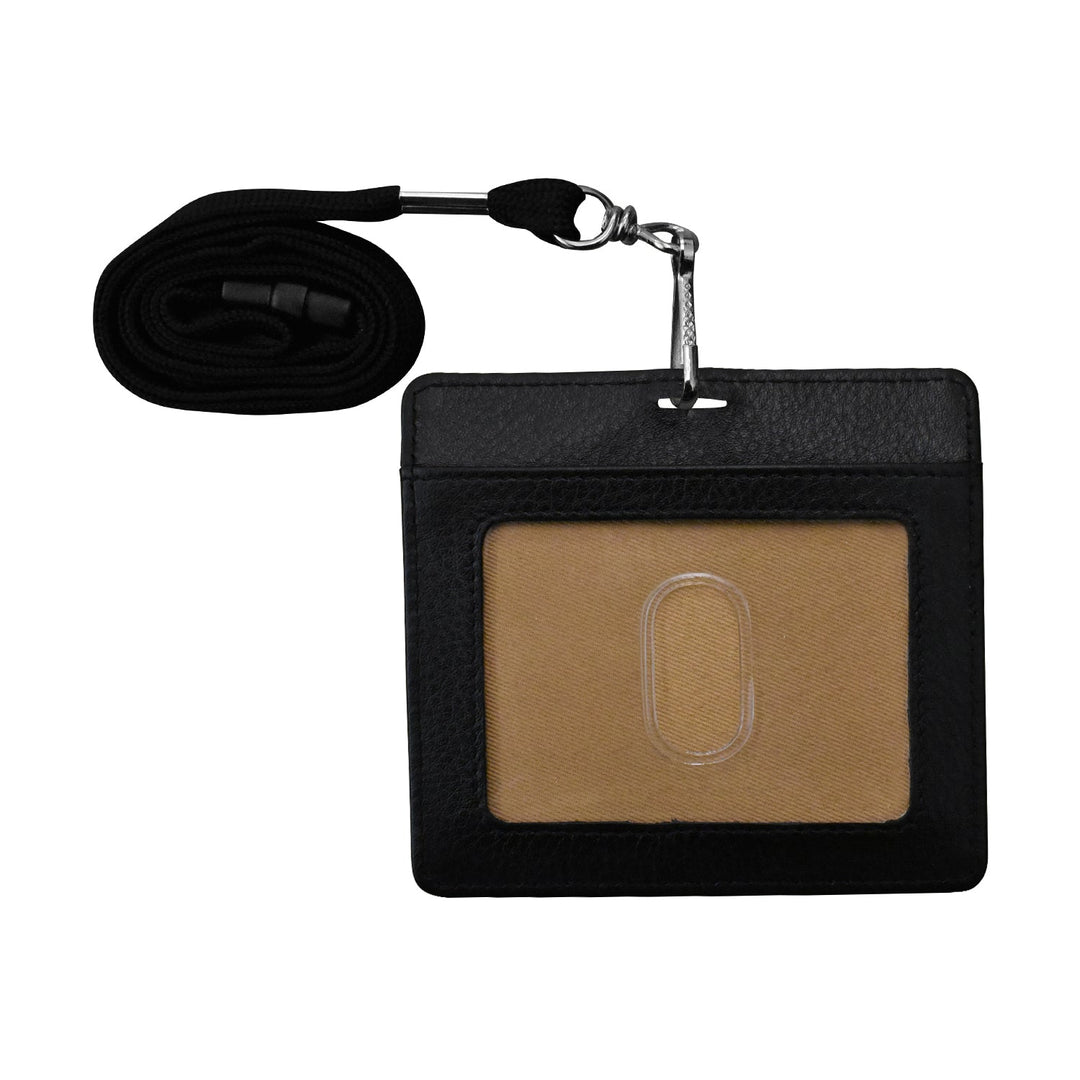 Horizontal Neck I.D. Holder lanyard with genuine leather and RFID protection
