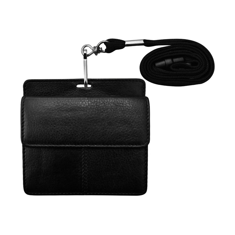 Horizontal Neck I.D. Holder with genuine leather, RFID protection, transparent window, and breakaway lanyard