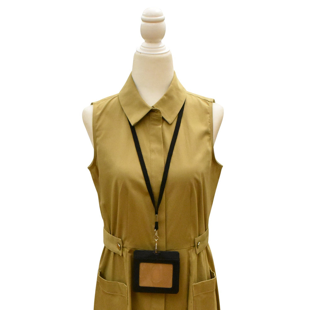 Horizontal Neck I.D. Holder with genuine leather, RFID protection, thumb slide window, and breakaway lanyard.