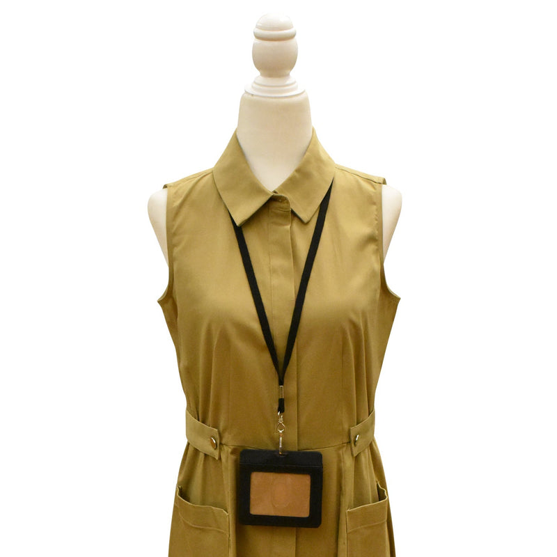Horizontal Neck I.D. Holder with genuine leather, RFID protection, thumb slide window, and breakaway lanyard.