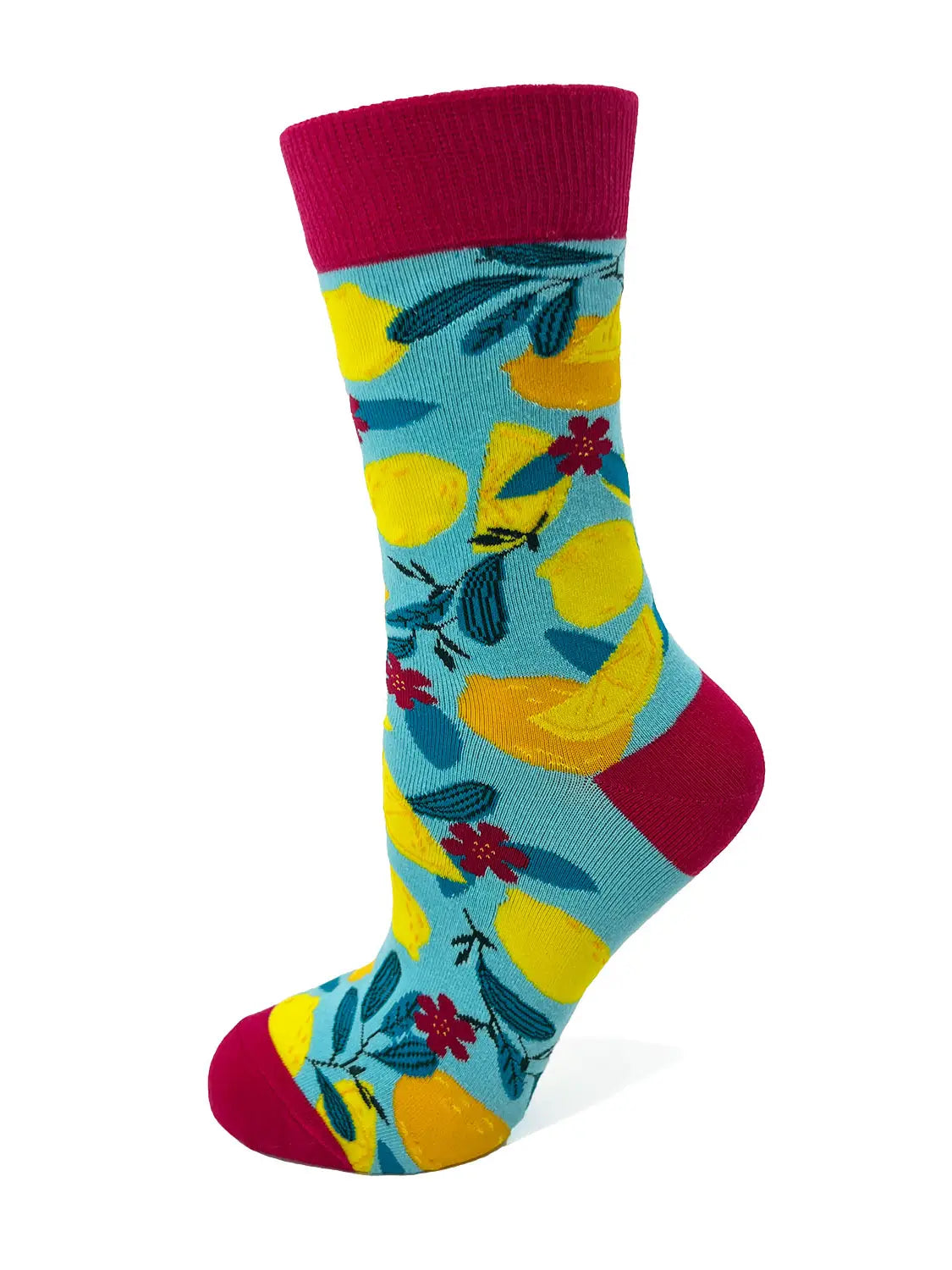 Women's novelty crew socks with bold "Suck It" message and lemon graphics, blue background with red accents.