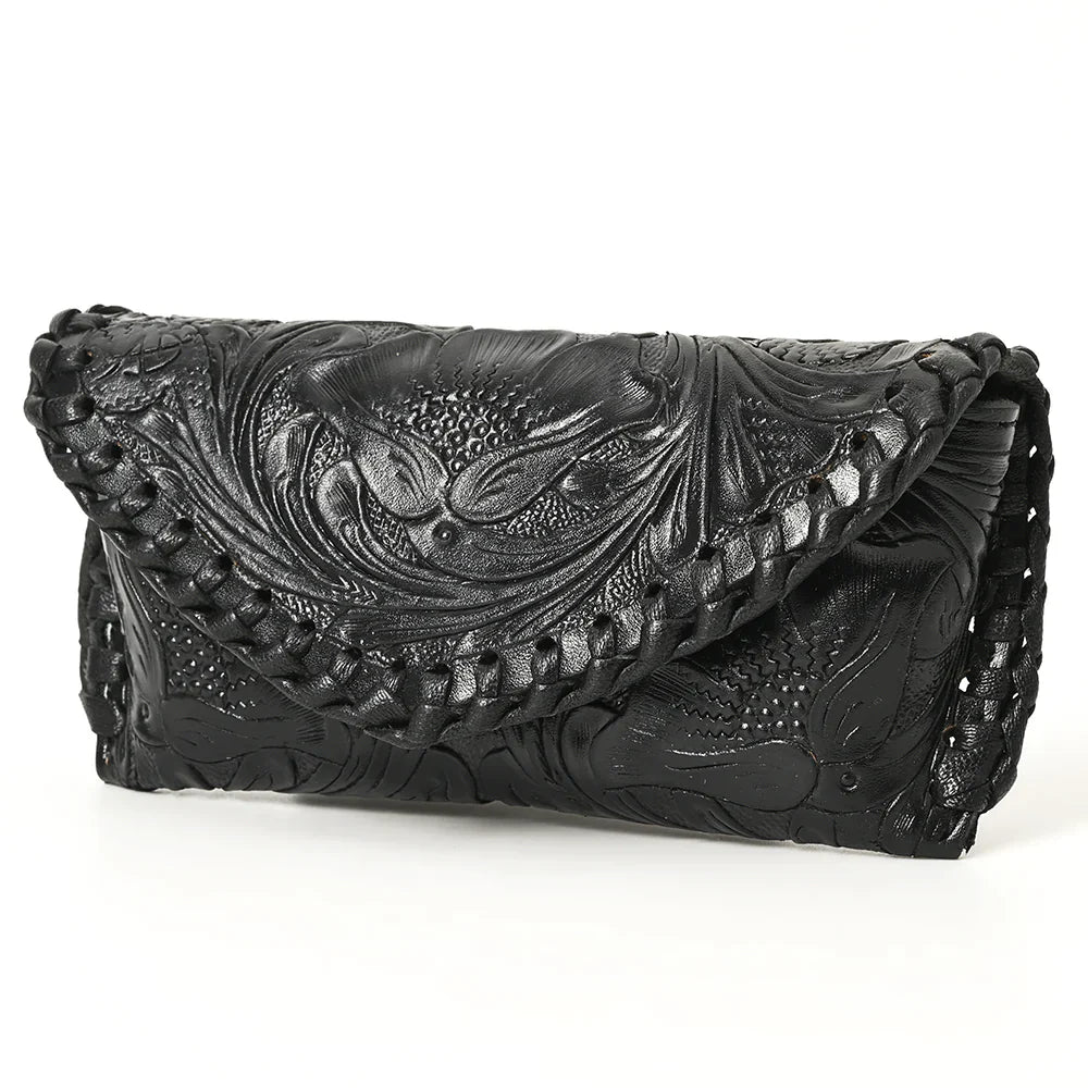 Hand-tooled American Darling sunglasses case in black leather with intricate designs.