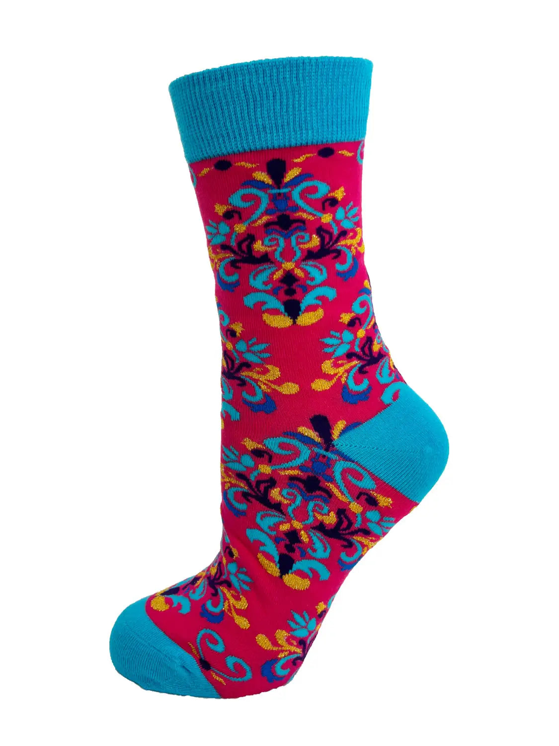 Colorful women's crew socks with blue cuff, heel, and toe featuring an intricate damask pattern and bold "I'm a Proper F***ing Lady" statement.