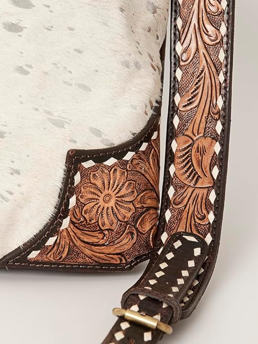 American Darling Tote handbag with hand-tooled floral leather and white whipstitch trim