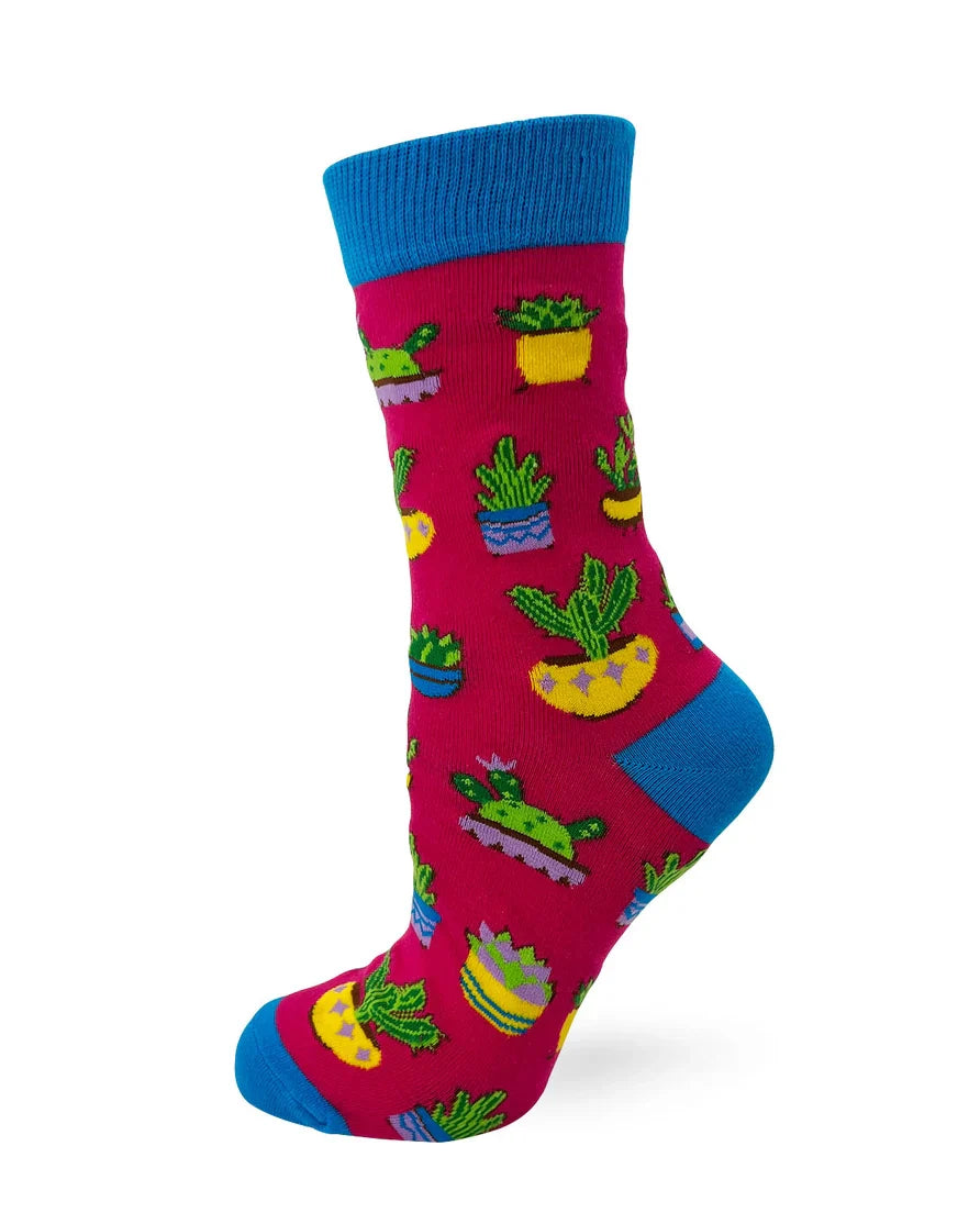 Women's crew socks with colorful plant pots design, stylish and comfortable, fits shoe sizes 5-10.
