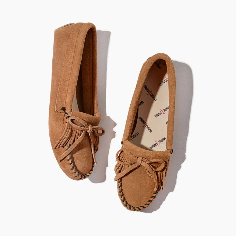 Minnetonka Kilty Hardsole moccasins, premium suede with intricate beading, durable rubber sole.