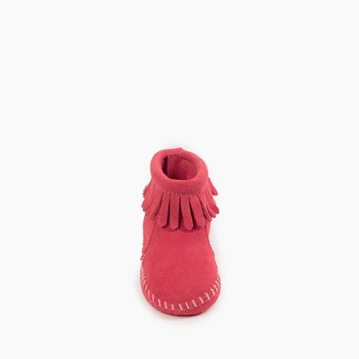 Minnetonka BACK FLAP Bootie for kids in red suede with fringe and Velcro® closure.