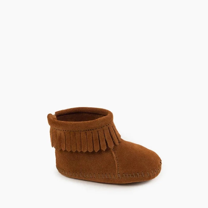 Minnetonka Back Flap Bootie kids shoes in suede with fringe and Velcro closure.