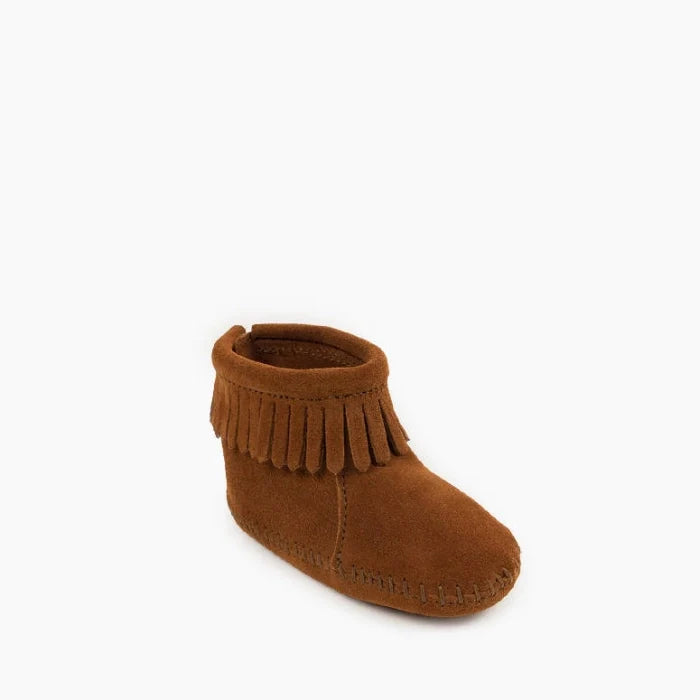 Kids Back Flap Bootie in brown suede with fringe detailing and Velcro back closure.