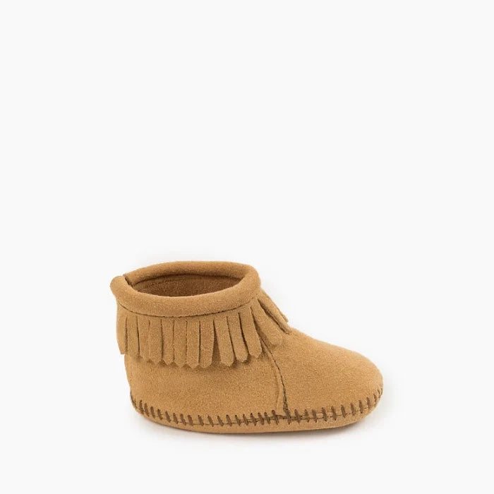 Minnetonka BACK FLAP Bootie Kids Shoes in suede with Velcro® closure, fringe detail.