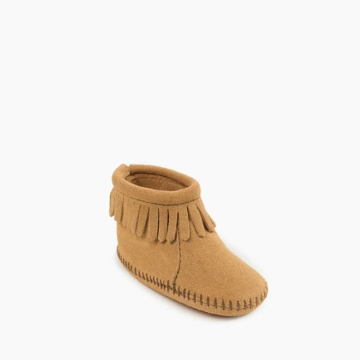 Minnetonka Back Flap Bootie Kids Shoes with fringe, Velcro closure, and soft suede.