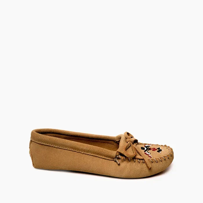 Tan suede Minnetonka Thunderbird Softsole moccasin with beaded design and cotton lace.