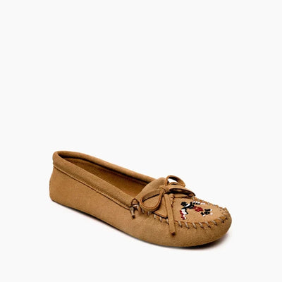 Minnetonka Thunderbird Softsole moccasins in tan suede with iconic Thunderbird beading and cotton lace detailing.