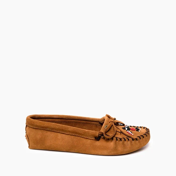 Pre Order Minnetonka Thunderbird Softsole moccasins in tan suede with iconic Thunderbird beading and cotton lace detailing.