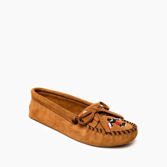 Pre Order Minnetonka Thunderbird Softsole Moccasin with suede finish and beaded design.