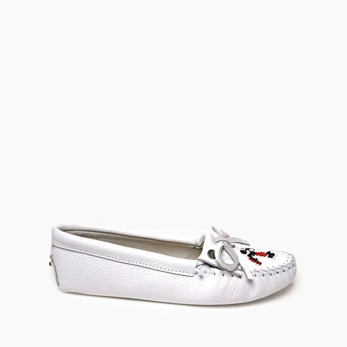 White leather Thunderbird Softsole moccasins with iconic beading and cotton lace detailing.