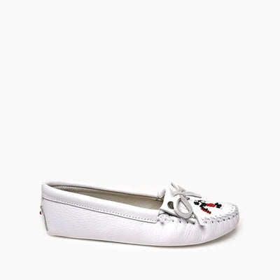 Pre Order Minnetonka Thunderbird Softsole Moccasins in white leather with Thunderbird beading.