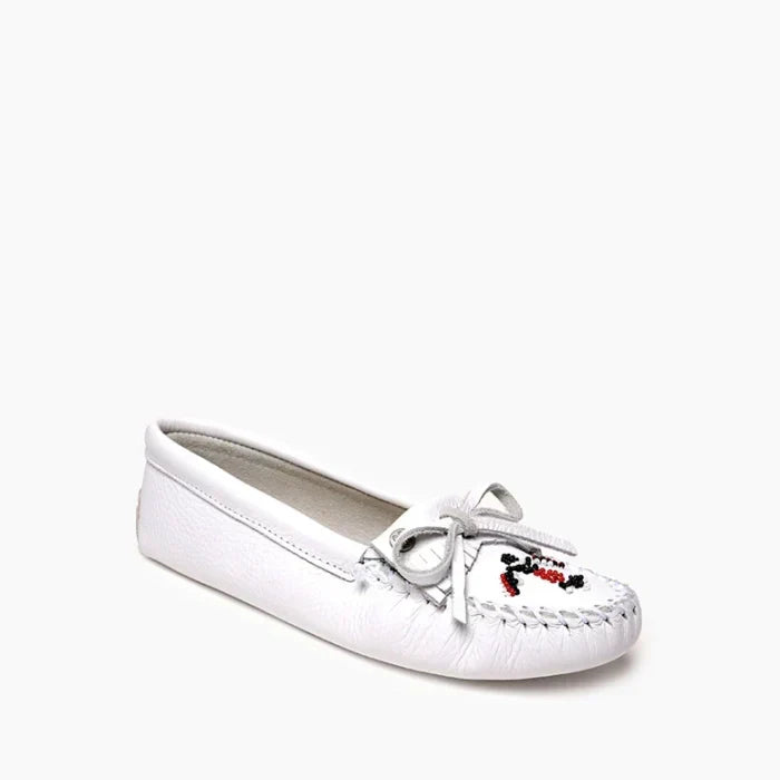 White leather Thunderbird Softsole moccasins with iconic beading and cotton lace detailing.