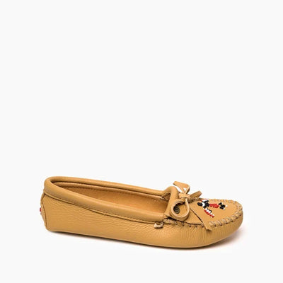 Pre Order Minnetonka Thunderbird Softsole moccasin in tan suede with beaded Thunderbird design.