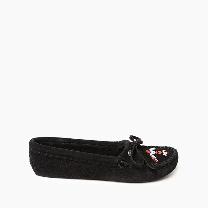 Pre Order Minnetonka Thunderbird Softsole black suede moccasin with Thunderbird beading.