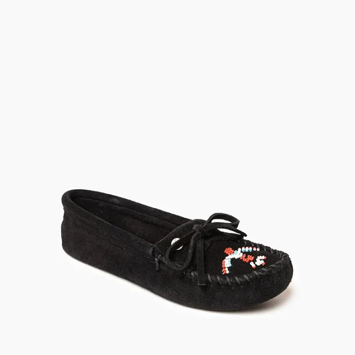 Pre Order Minnetonka THUNDERBIRD SOFTSOLE black suede moccasin with Thunderbird beading and cotton lace detailing.