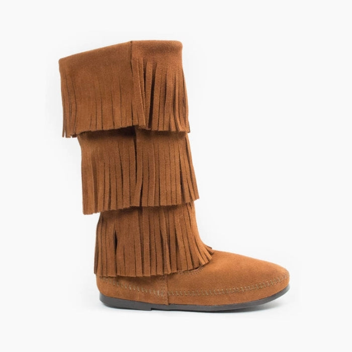 Minnetonka 3-layer fringe suede boot for women with padded insole and rubber sole