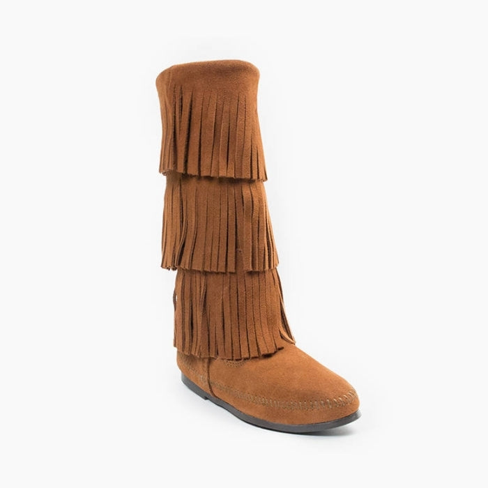 Minnetonka 3-layer fringe boot for women in brown suede with padded insole and rubber sole