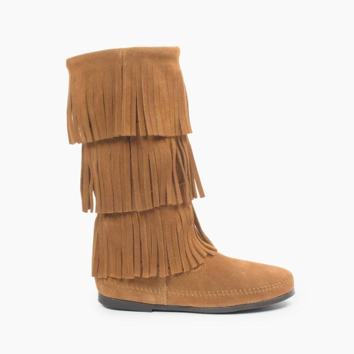 Minnetonka 3-layer fringe boot in brown suede with hand-cut fringe and rubber sole