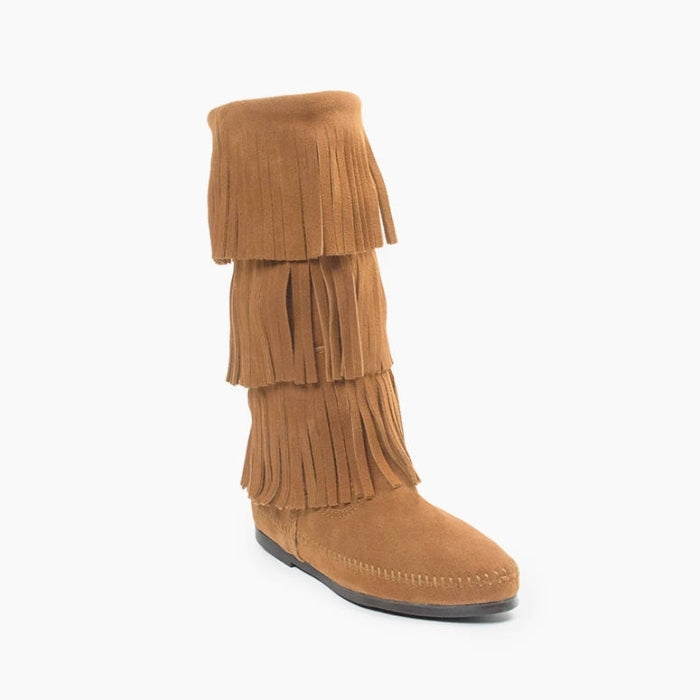 Minnetonka 3-LAYER FRINGE BOOT in tan suede with triple hand-cut fringe and rubber sole