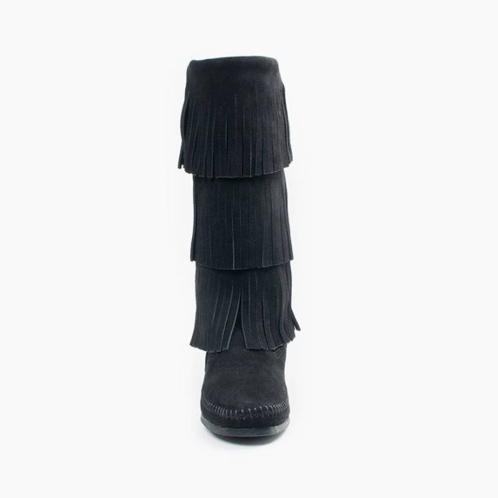 Black Minnetonka 3-layer fringe suede boot for women with padded insole and rubber sole
