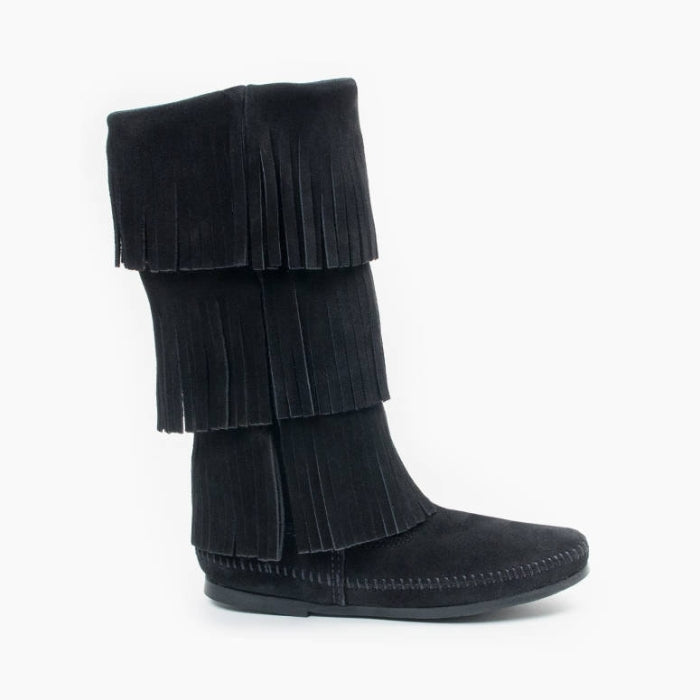Black Minnetonka 3-layer fringe suede boot for women with padded insole and rubber sole