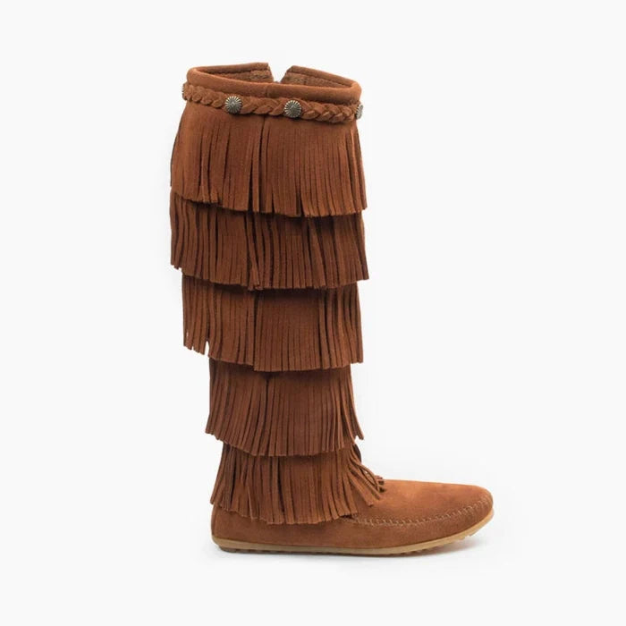 Minnetonka 5-layer fringe suede boot for women with braided detailing and metal conchos