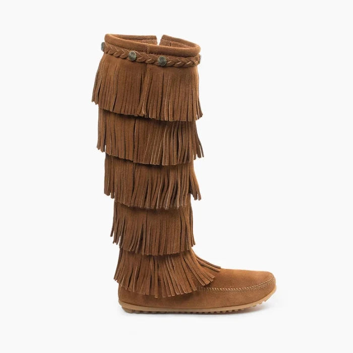 Minnetonka 5-layer fringe boot for women in brown suede with braided detail and metal conchos
