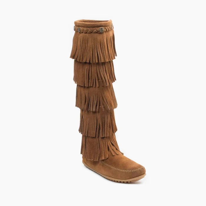 Minnetonka 5-layer fringe suede boot for women with braided details and metal conchos