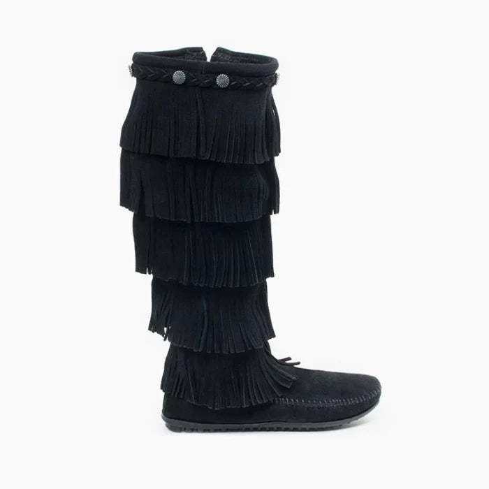 Black Minnetonka 5-layer fringe suede boot with braided details and metal conchos
