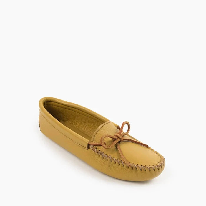 women's double deerskin softsole moccasins in tan with rawhide lace and rubber sole