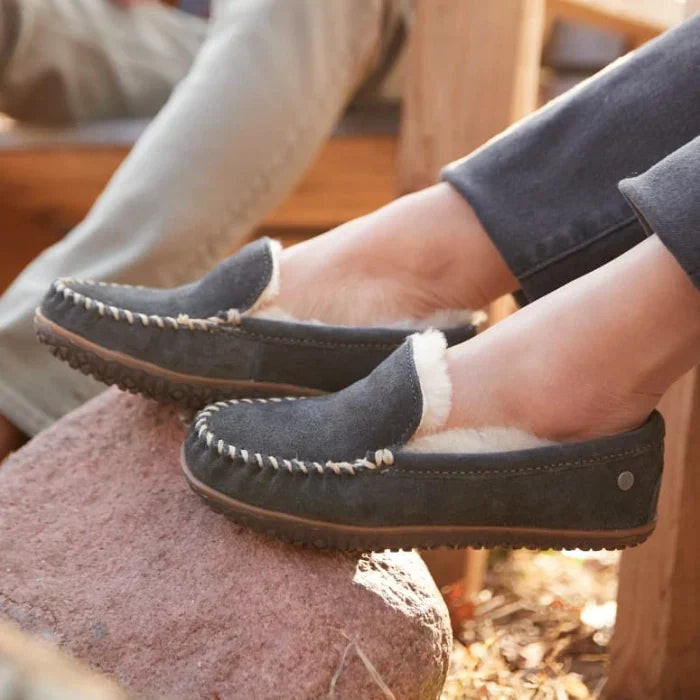 Pre-order Minnetonka SHEEPSKIN TERESE SHOES with water-resistant suede and sheepskin lining.