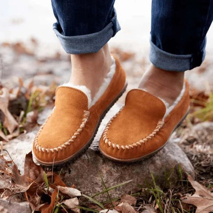 Pre Order Minnetonka SHEEPSKIN TERESE SHOES with water-resistant suede, sheepskin lining, and MinnTREAD rubber sole.