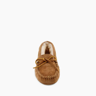 Minnetonka Sheepskin Softsole Moc with rawhide lace for indoor and outdoor comfort.