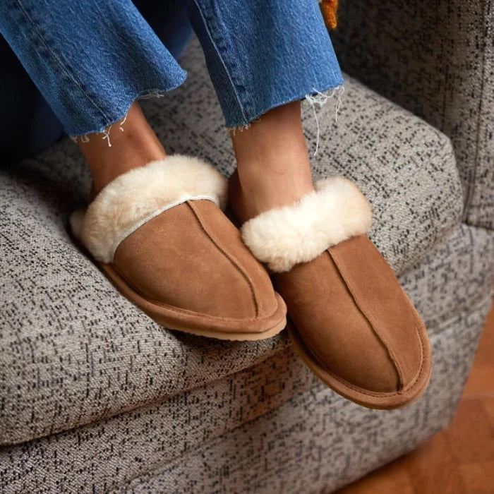 Pre Order Minnetonka Sheepskin Slide Shoes, premium sheepskin, open-back design, flexible sole, suede upper.