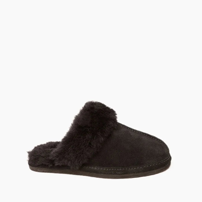 Pre Order Minnetonka Sheepskin Slide Shoes with black suede upper, warm lining, and flexible sole for comfort.