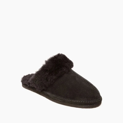 Minnetonka Sheepskin Slide Shoes with black fur, open-back design, and flexible sole.