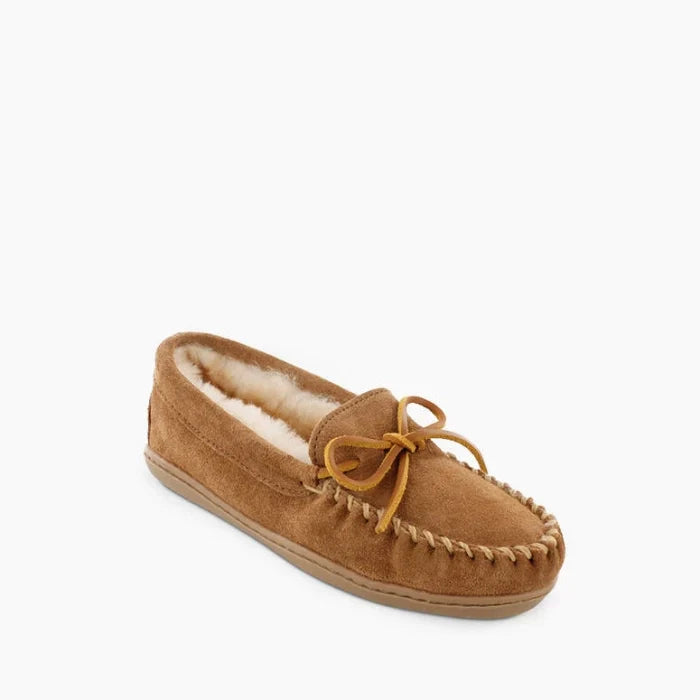 Pre Order Minnetonka Sheepskin Hardsole Moc with rawhide lace and rubber cupsole.